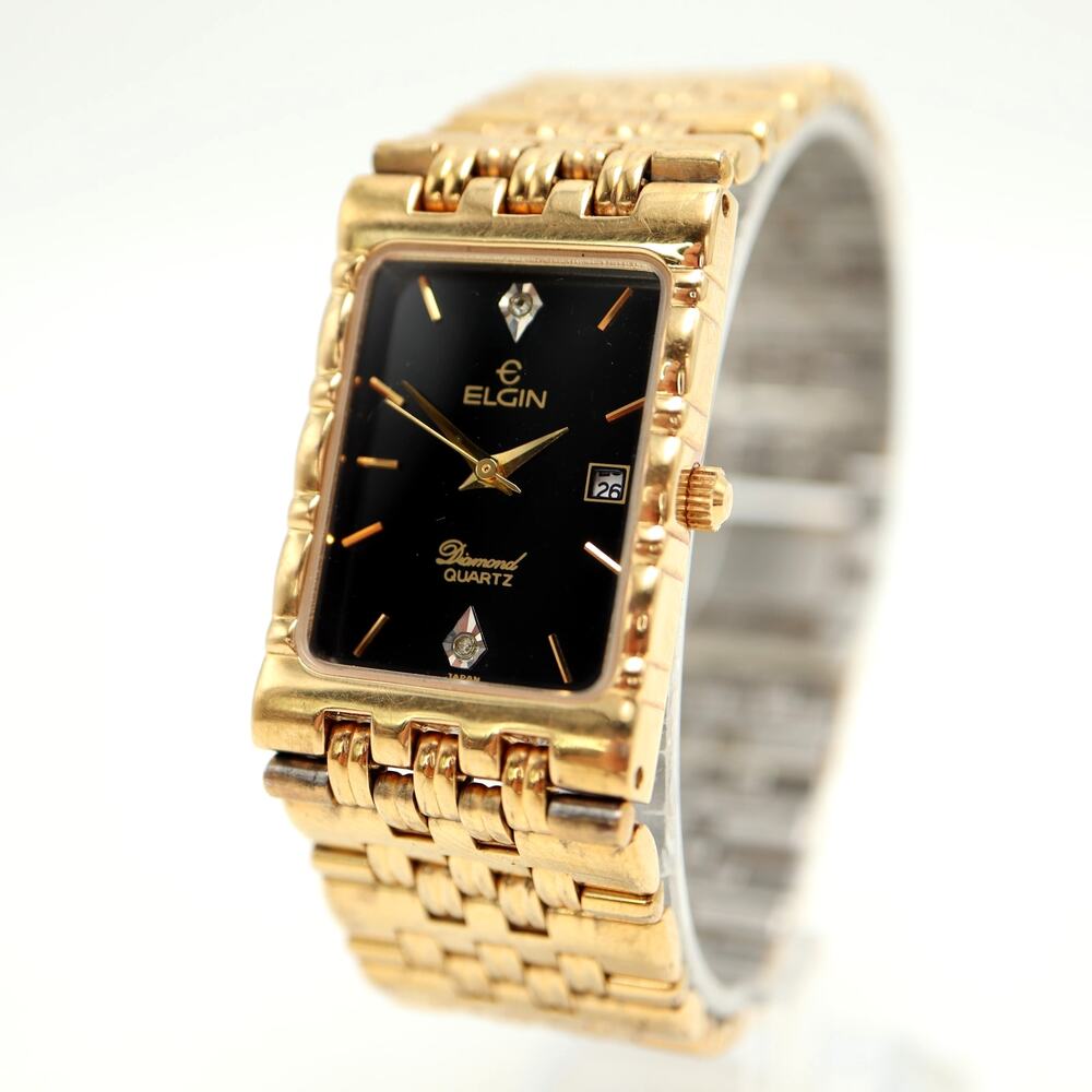 Elgin Diamond Gold Tone Black 23mm Tank Watch Unisex Steel Bracelet New Battery